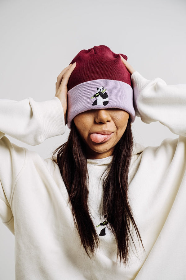 Panda Beanie - Burgundy/Lilac