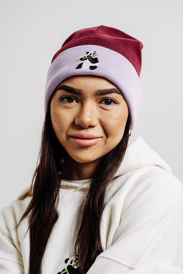 Panda Beanie - Burgundy/Lilac